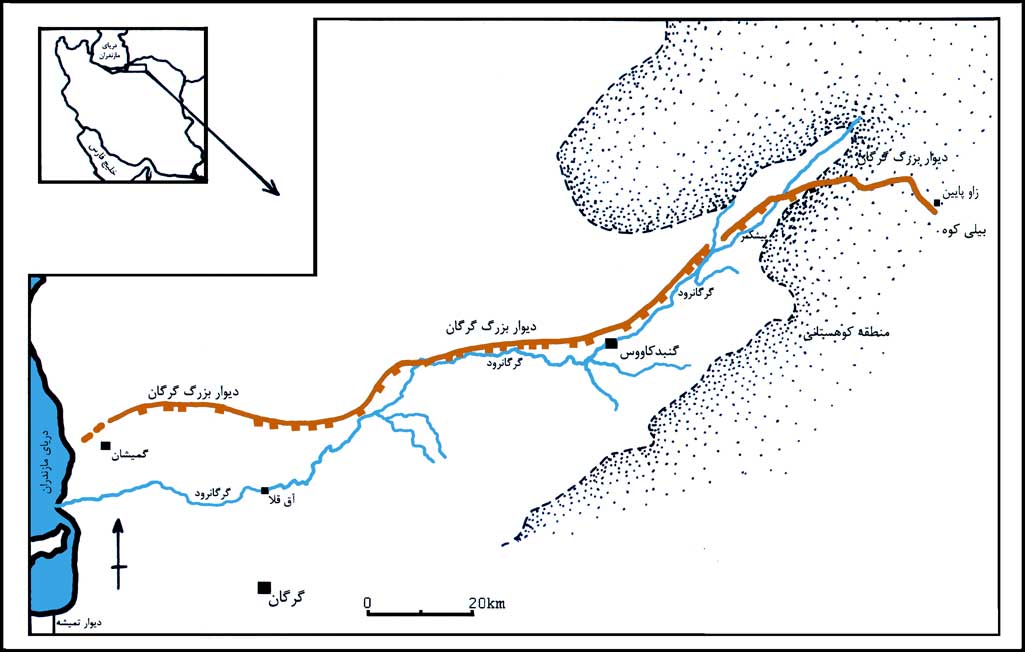 مسیر دیوار بزرگ گرگان بروی نقشه
